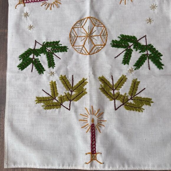 Vintage Handstitched Needlepoint Holiday Tea Towel Candle Tree Branch 33”x16.5” - Picture 2 of 10